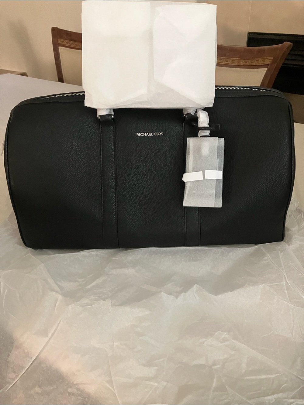 Michael Kors Cooper Faux Leather Black Duffel Bag with Silver Accents - Picture 5 of 12